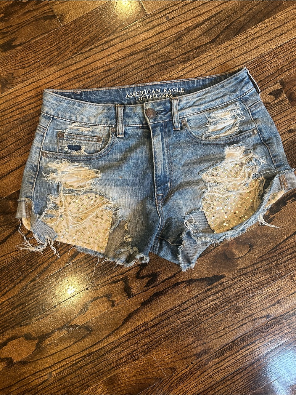 American Eagle Hi‑Rise Festival Sequin Distressed Shorts Size 6